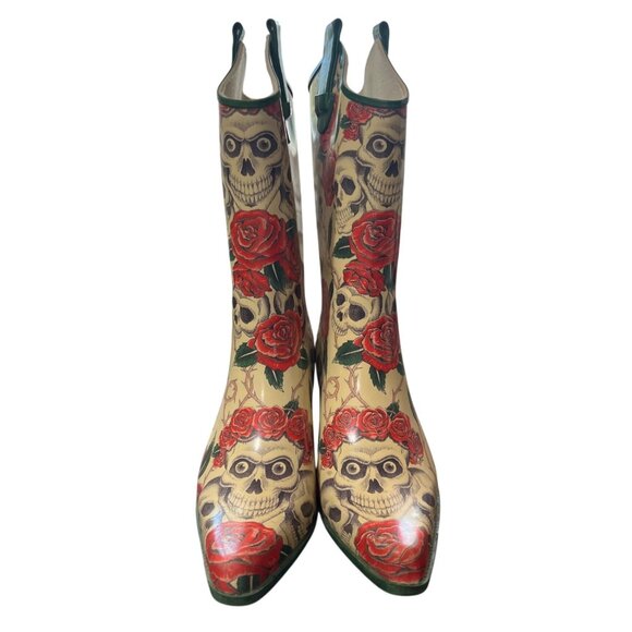 Corkys Womens Skull & Rose Print Cowboy Rain Boots Rubber Size EU 38 / US 8 - Picture 3 of 10